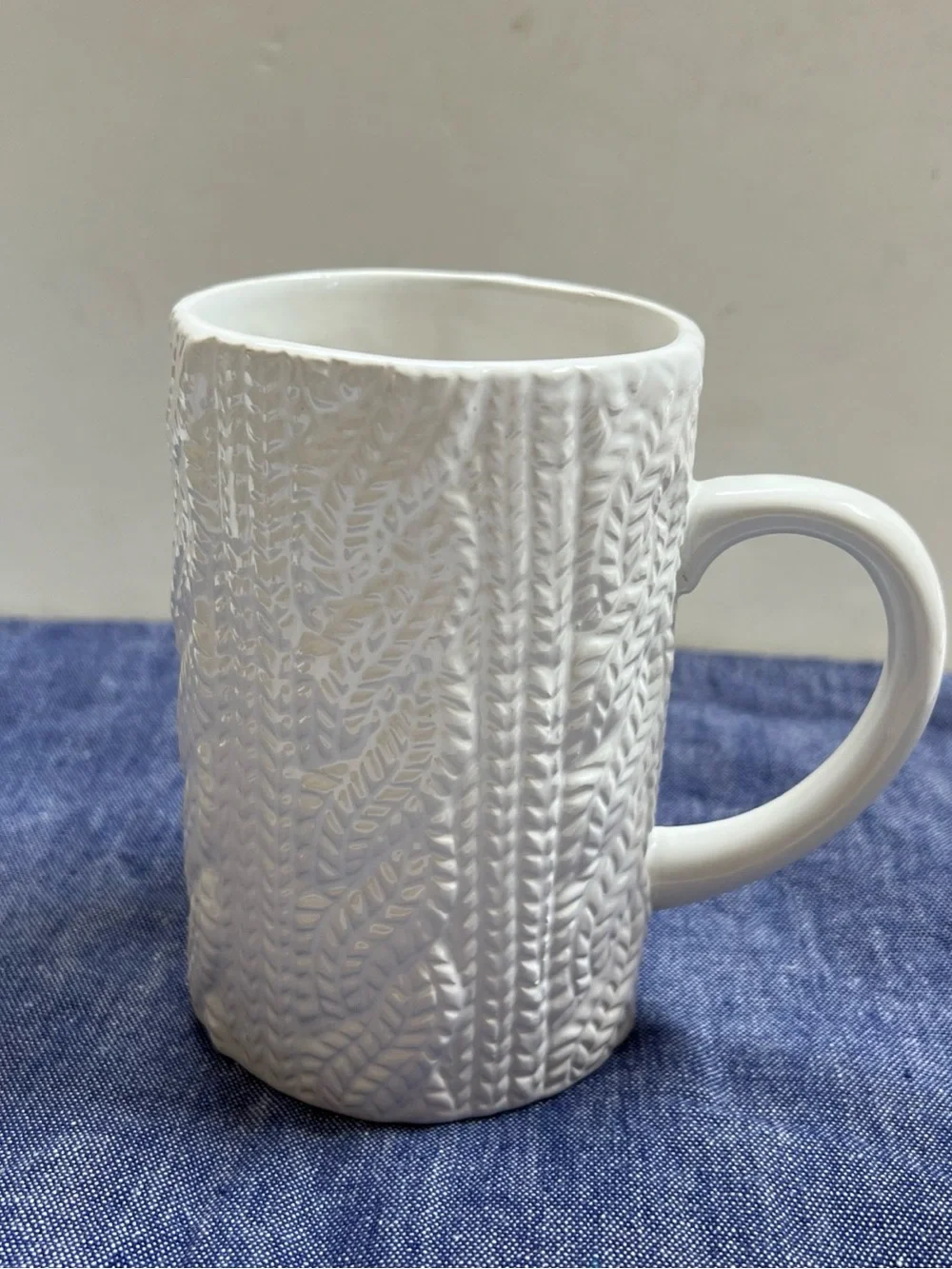 White Sweater Mug Saxon Chocolate Cozy Cup Knit Pattern Ceramic Coffee Tea Warm
